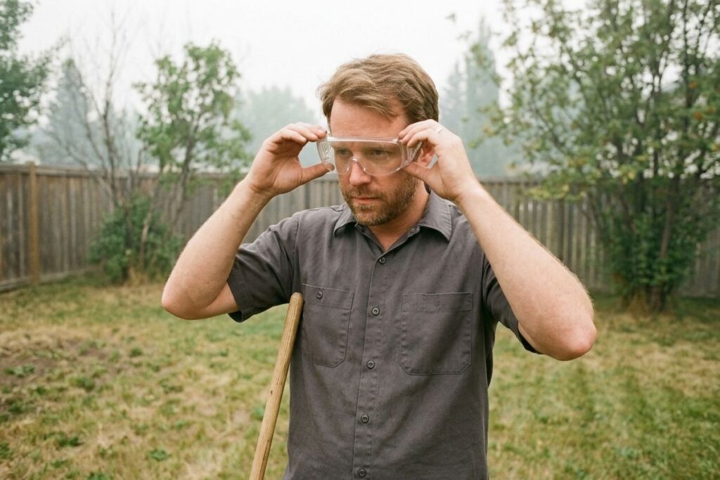 Adult in a grey work shirt putting on clear safety goggles in a fenced grassy yard, wooden tool handle at their side.