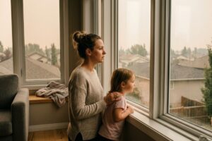 Adult with hand on a child's shoulder, both looking out a window at hazy houses and trees outside, with concerned expressions.
