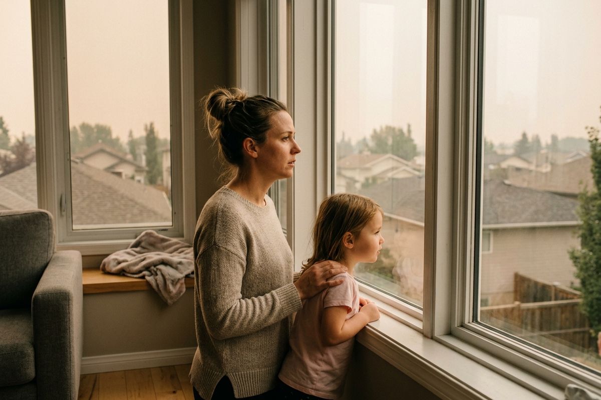 Adult with hand on a child's shoulder, both looking out a window at hazy houses and trees outside, with concerned expressions.