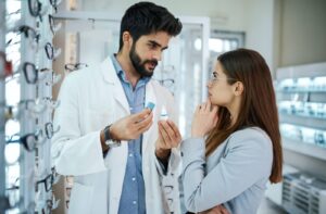 An optometrist explains to a patient the types of OTC eye drops they can try to relieve dry eye symptoms.