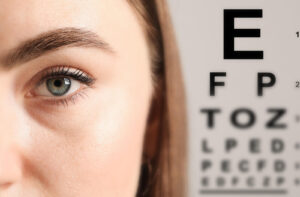 Close-up of a woman’s eye with a Snellen eye chart in the background, showing vision testing letters.