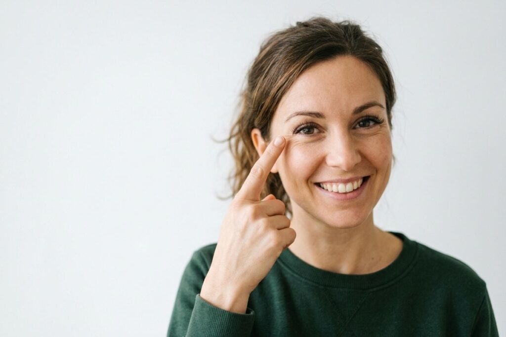 A smiling adult pointing their index finger to the outer corner of their right eye against a plain white background.
