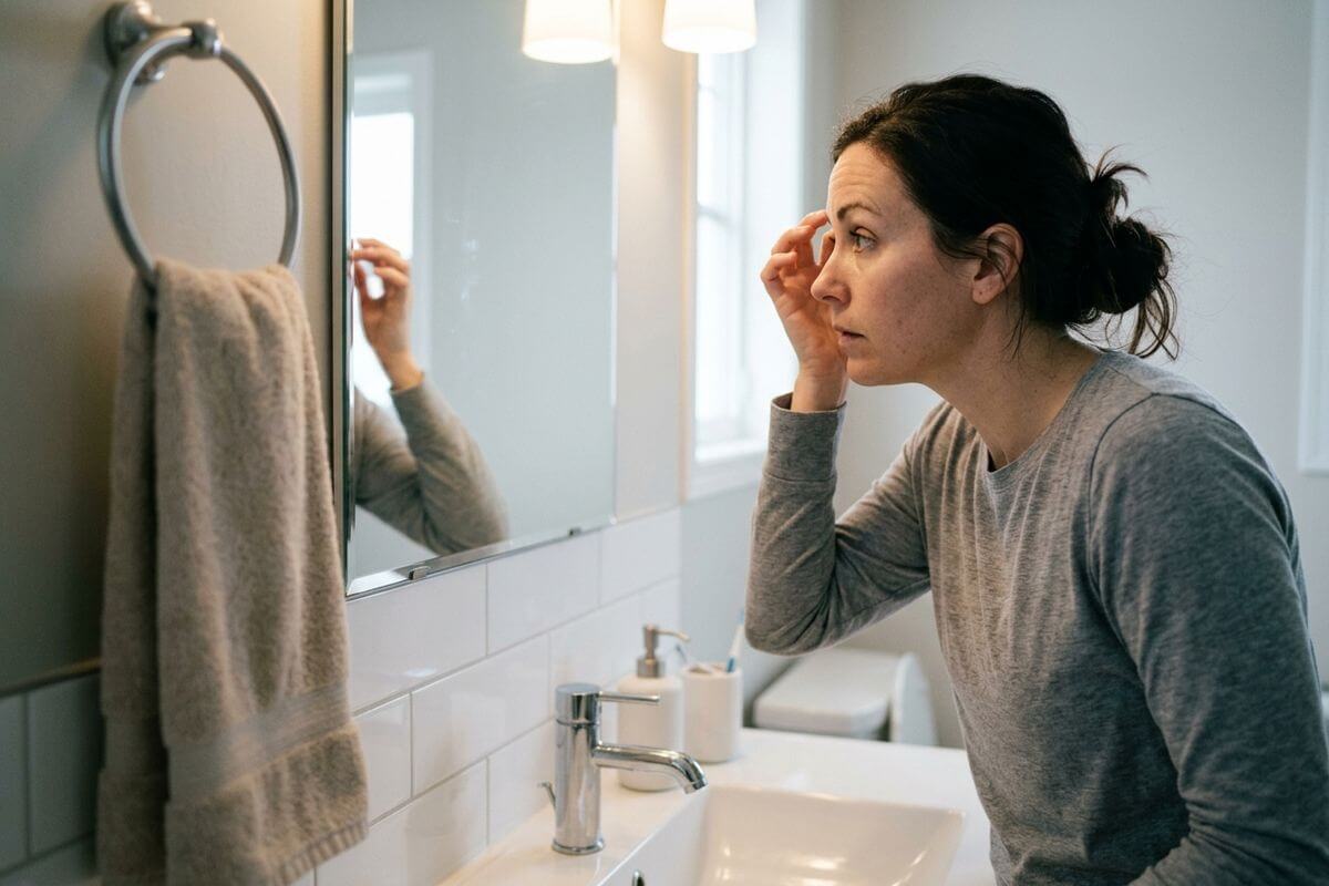 An adult leaning toward a bathroom mirror looks closely at their reflection, touching their eyebrow with a focused expression.