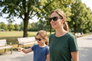 A smiling adult and a child, both wearing sunglasses, walk in a park. The child points forward along a paved path.