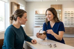 A smiling optometrist shows a pair of sunglasses to an adult customer across a counter in an optical clinic.
