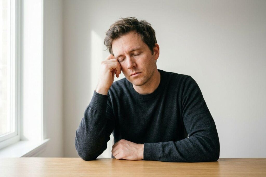 Adult in a dark sweater sits at a wooden table by a window, eyes closed, resting head against one hand.