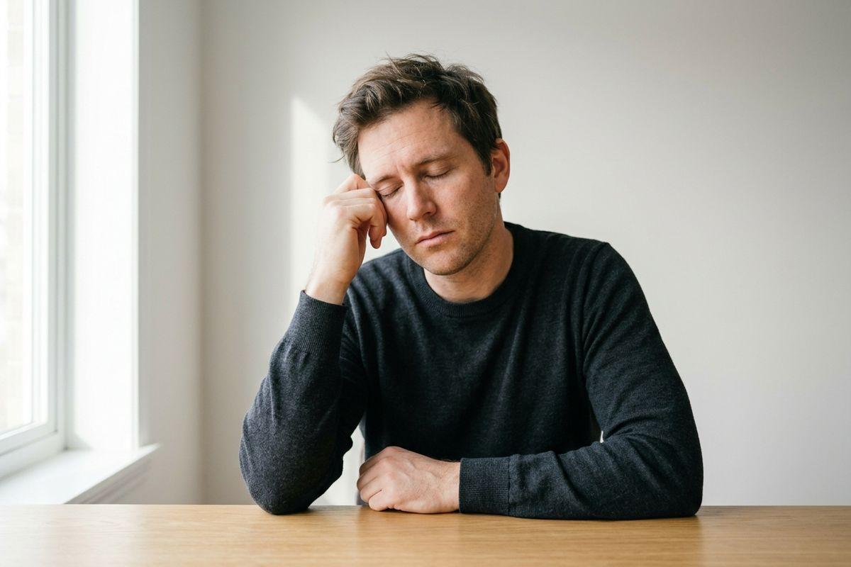 Adult in a dark sweater sits at a wooden table by a window, eyes closed, resting head against one hand.