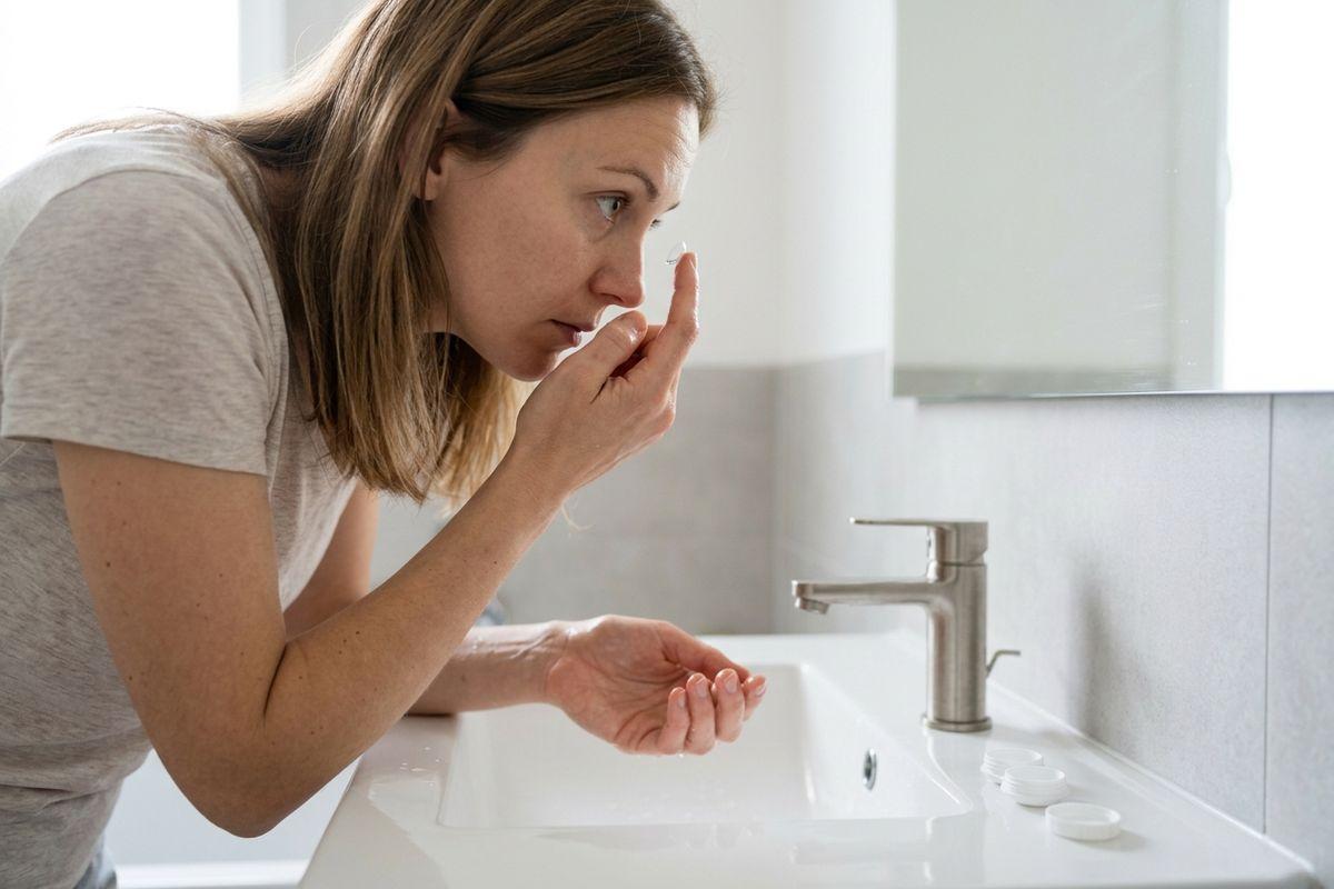 Adult leaning over a bathroom sink, inserting a contact lens with a fingertip while looking in the mirror; lens case sits on the counter.