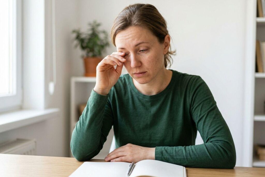 Adult in a green top sits at a desk with an open notebook and pen, rubbing one eye and looking down with a tired expression.