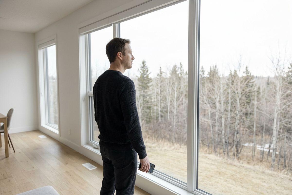 Adult in dark sweater holding a phone, standing by a large window and looking out at bare trees and evergreens in a bright empty room.